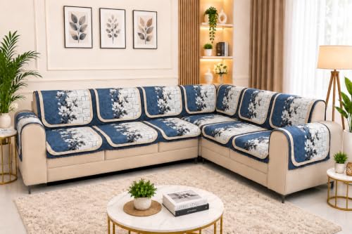 Image of Printed 7 Seater L-Shape Sofa Cover with Arm Covers, Quilted Texture, Sectional Couch Protector for Living Room-Pack of 15 (Blue Bloom)