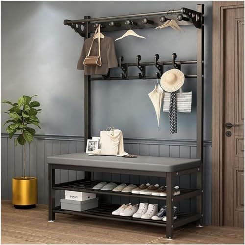 JvFbjLF Perchero for Ropa, Banco for Zapatos, Perchero 3 en 1, Perchero for Entrada, Perchero con Estante for Ropa y Gancho for Colgar en la Entrada o el Pasillo(Black Gray,60 * 33 * 172Cm)