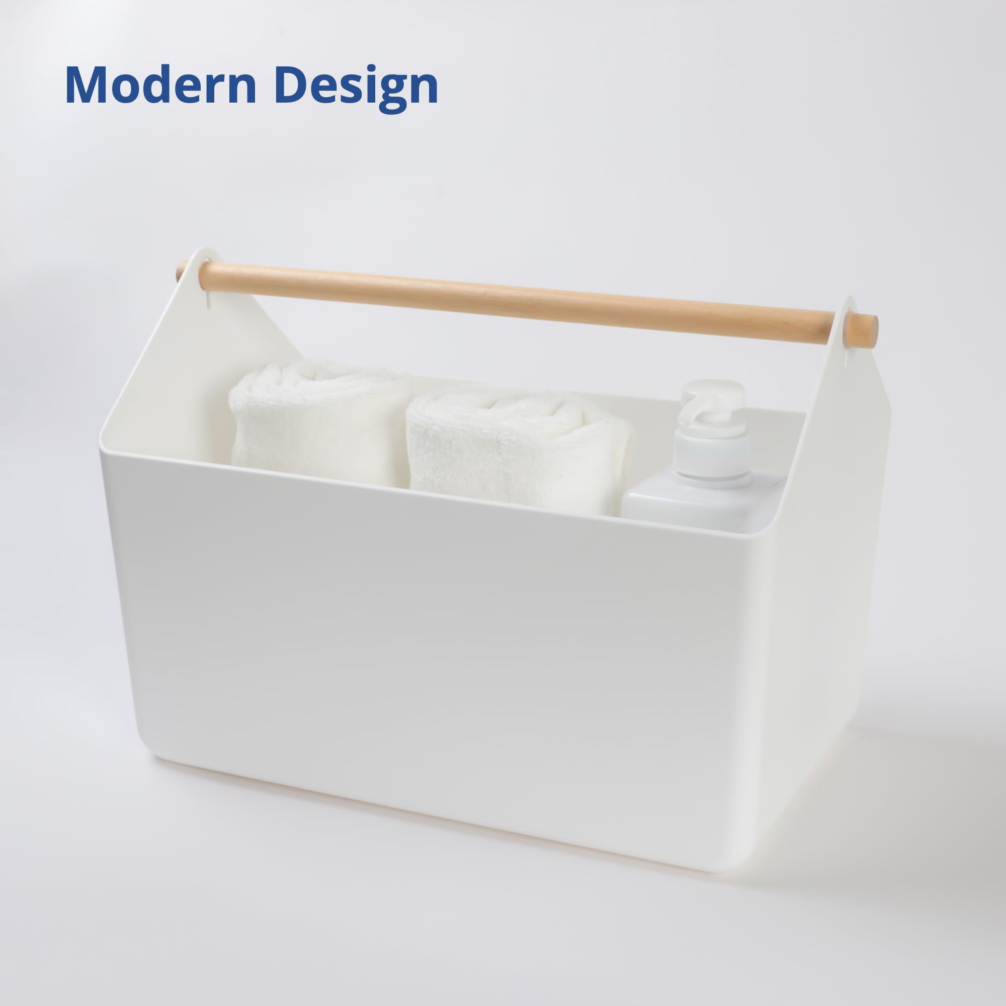 BLUE GINKGO Cesta de almacenamiento grande - Organizador de plástico con mango de madera para baño, despensa o suministros de limpieza (blanco)