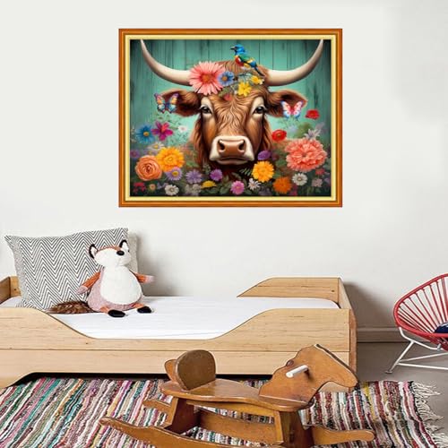 Image of Foxdiviy Stamped Cross Stitch Kits for Beginners Full Range of Cross Stitching 11 CT Printed Cross Stitch Kits for Adults Cross Stitch Patterns Needlepoint Kits-Colorful Cow Flowers 16x20 inch