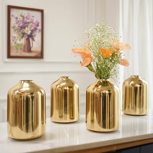 Image of BEHOMA Metal Flower Vase Set of 4, Gold | Modern Metal flower vase in Gold - for fresh or artificial flower displays for living room - great wedding gift (Set of 4)