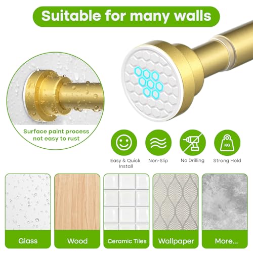 Image of Tension Curtain Rod for Windows 28-48 Inch Curtain Rods No Drilling Gold Tension Rod Small Shower Rod Adjustable Curtain Rods for Closet, Doorway