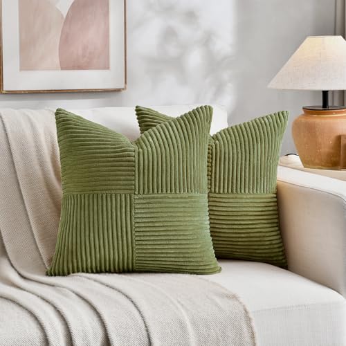 Image of Fancy Homi 2 Packs Moss Green Samll Decorative Throw Pillow Covers 12x12 Inch with for Couch Bed Sofa, Rustic Farmhouse Boho Home Decor, Soft Corss Patchwork Corduroy Square Cushion Case 30x30 cm