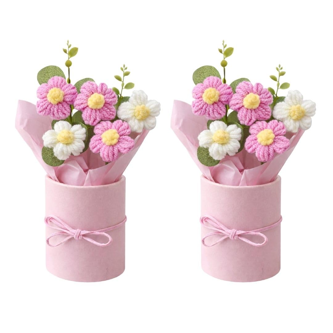 - Handmade Pink Crochet Bouquet- Pack of 2 - Hand Woven Knitted Artificial Hand Knitted Bouquet Flower for Office Desk, Table, Car, Bedroom, Wedding & Special Occasions