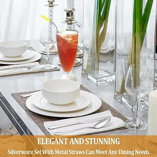56 Pcs Silverware Set with Steak Knives and Metal Straw for 8,Stainless Steel Flatware Set, Mirror Polished Cutlery Utensil Set, Home Kitchen Eating Tableware Set,Fork Knife Spoon Set,Dishwasher Safe