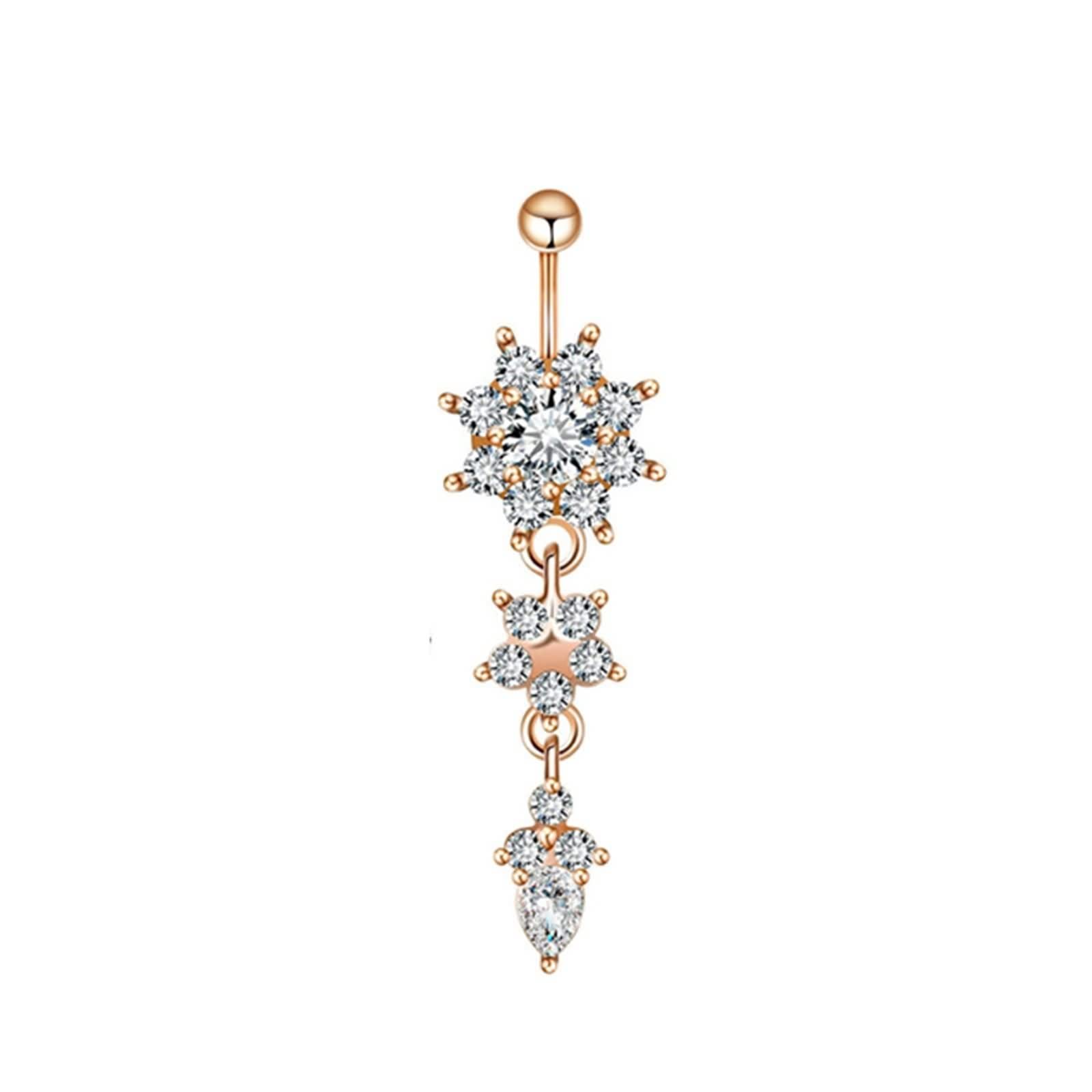 Anillos de ombligo sexy para mujer, piercing de ombligo, joyería luna, acero inoxidable, 14 g, flor de oro rosa y circonita blanca redonda, 8 piezas, Circonia cúbica, Cubic Zirconia