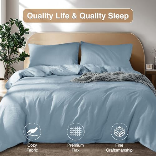 SONORO KATE 100% French Linen Duvet Cover King Size, Soft Breathable for Hot Sleepers, Moisture Wicking & Durable Cover Set - Zipper Closure & 4 Corner Ties Duvet Covers 3 Piece (Dusty Blue,King)