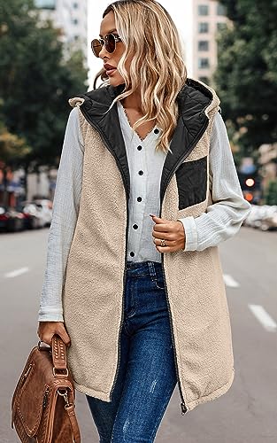 ECOWISH Women Long Puffer Vest: Fall Zip up Reversible Fleece Jacket 2025 Winter Warm Sleeveless Hooded Coat with Pockets2