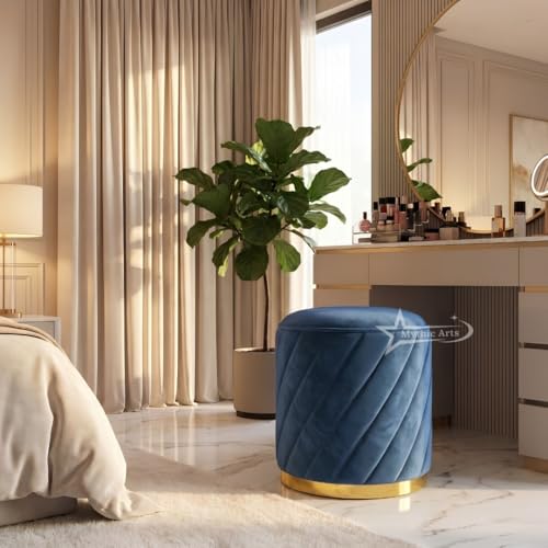 Image of Ottoman Stool, Puffy Stool, Sitting Stool, Modern Upholstered Round Ottoman, Dressing Table for Living-Blue