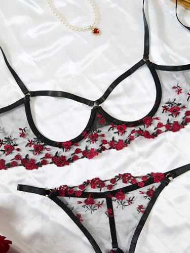 Image of Lilosy Sexy Underwire Floral Lace Sheer Lingerie Set for Women See Through Bra and Panty 2 Piece