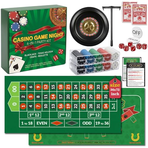 Casino Night 4-in-1 Complete Game Set with 2 Double-Sided Felt Layout Mats (36x72) 10 Roulette Wheel 200 Chips Cards Dealer Button & Dice - Includes Texas Holdem Poker Blackjack Craps