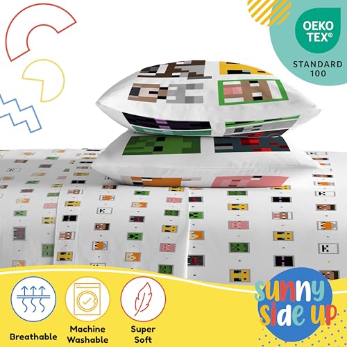 Image of Sunny Side Up Minecraft Creeper & Animals Full Sheet Set - 4 Piece Kids Bedding Set Includes Pillow Cover - Super Soft Microfiber Sheets