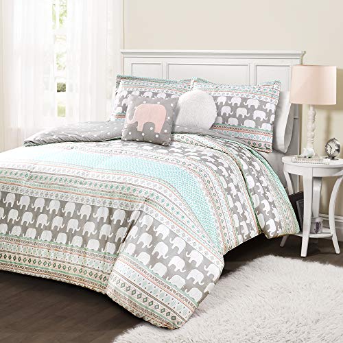 Lush Decor Pink-and-Turquoise Elephant Striped 4-Piece Comforter Set, Reversible Bedding, Twin, Pink & Turquoise