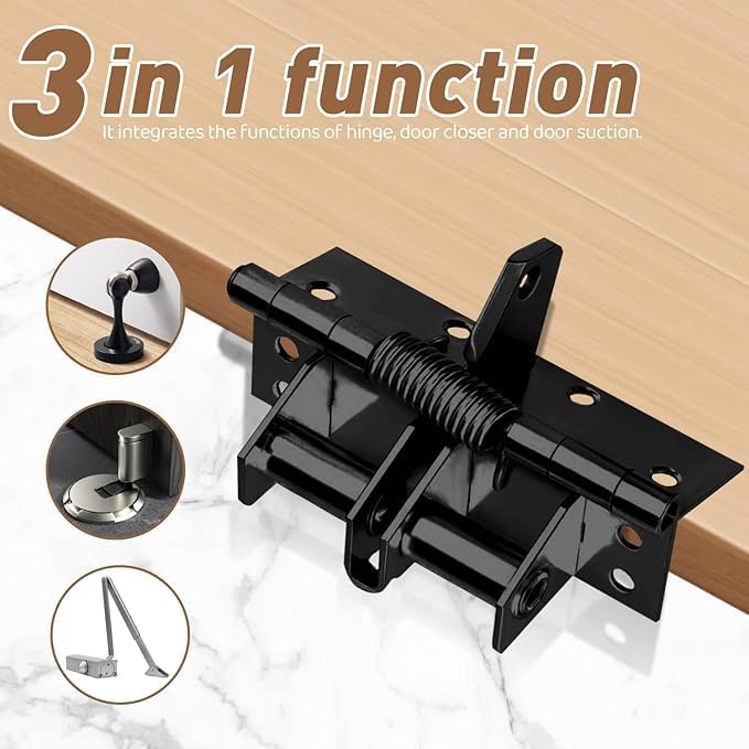 Image of 3-in-1 Automatic Door Hinge Lock - Heavy Duty Self-Closing Door Hinges, Multifunctional Door Closing Hinge with 90 Degrees Positioning Spring (Black)