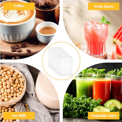 6 Pcs Juicer Bags, 7.87 &times; 5.9 Inch Juicing Bag, Fine Mesh Strainer Bags for Juicing, Drawstring Nut Milk Bag for Fruit Juice Coffee Tea Yogurt Cheese Coffee Almond