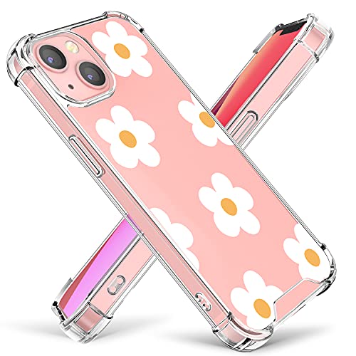 Cutebe Cute Clear Crystal Case for iPhone 13 6.1 inch 2021 Released, Shockproof Series Hard PC+ TPU Bumper Yellow-Resistant Protective Cover with Floral Designs for Women, Girls(White and Yellow)