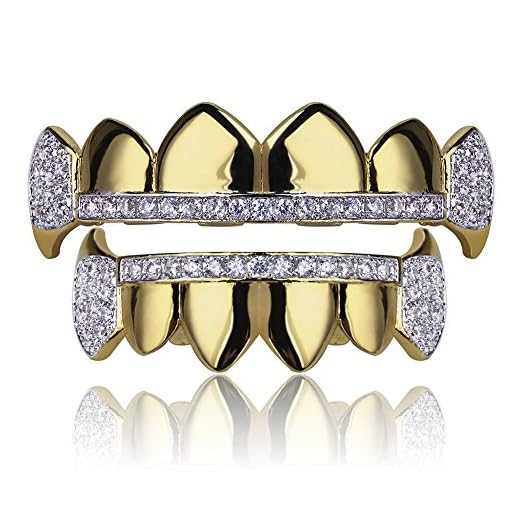 TOPGRILLZ Gold Hip Hop Teeth Grillz Micro Pave Cubic Zircon Top&Bottom Vampire Fangs Teeth Grills Set Holleween Gift Men Women (Yellow Gold)