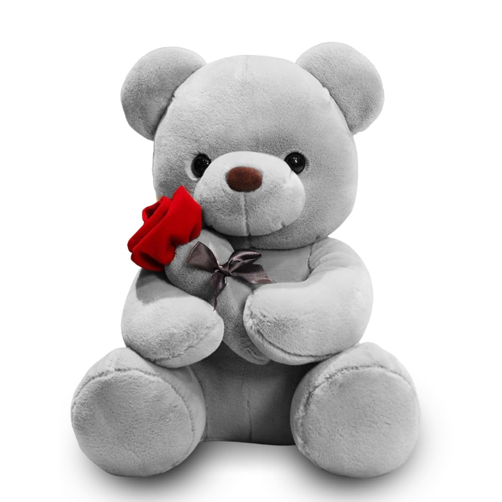 Fouvin Orsacchiotto con Rosa in Peluche 23 cm - Morbido Peluche per Bambini e Ragazze, San Valentino, Compleanni, Mamma e Decorazione Casa