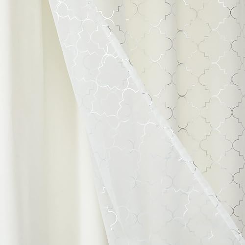 Miniatura 5 de Juego de 4 cortinas para mezclar y combinar con estampado geométrico marroquí plateado, cortinas opacas de gasa transparente y terciopelo para