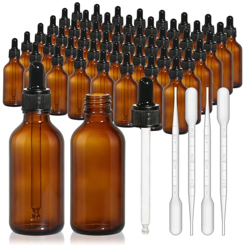 turvono 48 Pack 2oz Amber Glass Dropper Bottles 60ml Leakproof Eye Dropper Bottles with Glass Droppers for Essential Oils Tinctures Serum Hair Oil & Travel Liquids