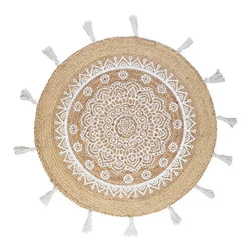 KASA Alfombra Trenzada de Yute con Borlas, Redonda, 120 Centímetros