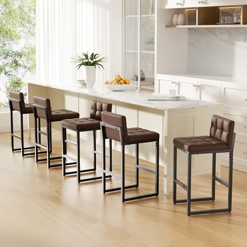 Image of Bar Stools Set of 6, Modern Counter Height Bar Stools with Back,24 inch Brown