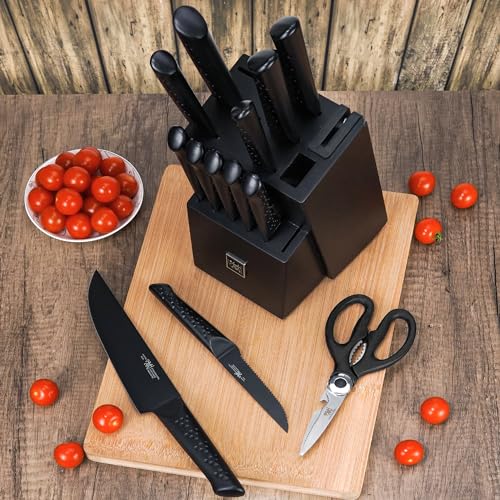 Knife Sets for Kitchen with Block, HUNTER.DUAL 15 Piece Knife Set with Built-in Sharpener, Dishwasher Safe, German Stainless Steel, Black