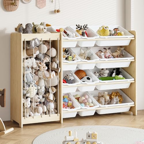 Image of EXPERLAM Kids Toy Storage Organizer, 2-in-1 Stuffed Animal Storage & Toy Organizer w/12 Bins, Solid Wood Toy Rack Featuring Thicker Elastic Ropes to Hold Toys, Playroom Nursery Bedroom Storage, White