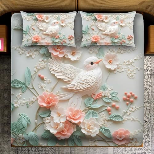 Image of 7D Flat Bedsheet 400TC Sheet Set, Kids Design bedsheet, Floral Design, Decorative Bedding with Daisy Pattern, Kids Room Decor, 90X100 Inch (Bird)