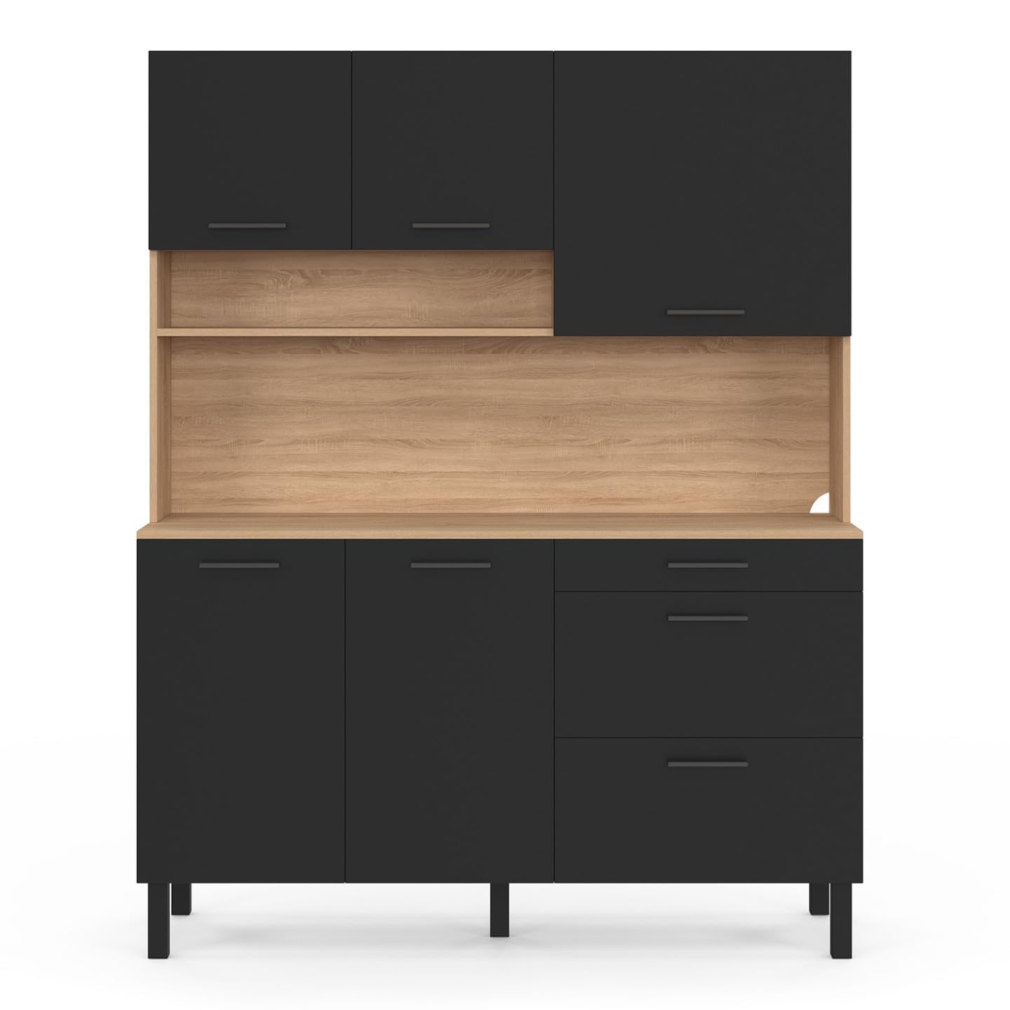 IDMarket - Buffet casserolier de Cuisine 140 cm CINA façon hêtre et Noir | Avec 5 portes + 3 tiroirs