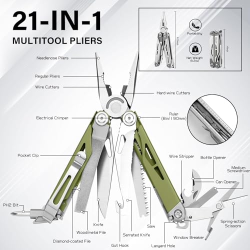 Image of 21-in-1 Multi Tool Pliers with Safety Locking and Spring-Action Scissors | Heavy-duty Stainless Steel Kit with Nylon Sheath for Work, Home, Garden, DIY & Auto, Olive Green
