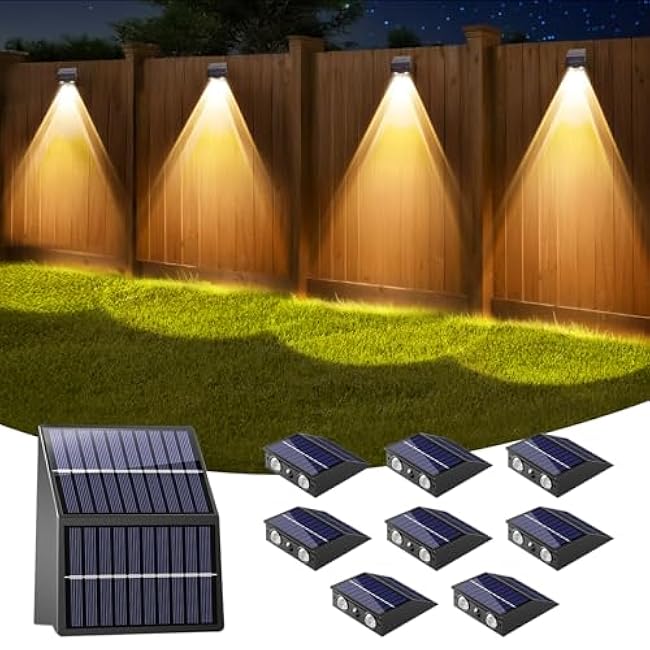 Solar Fence Lights Outdoor with Dual Panels ÿ Long-Lasting & Bright Weatherproof LED Solar Lights Outdoor for Yard,Patio,Wall,Steps(8 Pack)