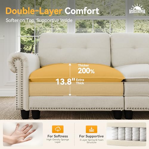 Image of SUNSHINE VALLEY 116.1 inch Modular Cloud Couch with Extra Wide & Deep Seats, Oversized 3-Seater Mid-Century Modern Couch with Nailhead Trim and Throw Pillows for Living Room, Linen Beige
