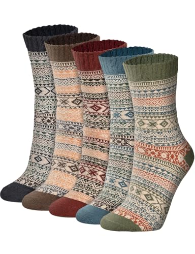 5 Pairs Womens Vintage Winter Wool Socks Cozy Soft Warm Thick Multicolor Knit Crew Socks Free Size Christmas Gifts