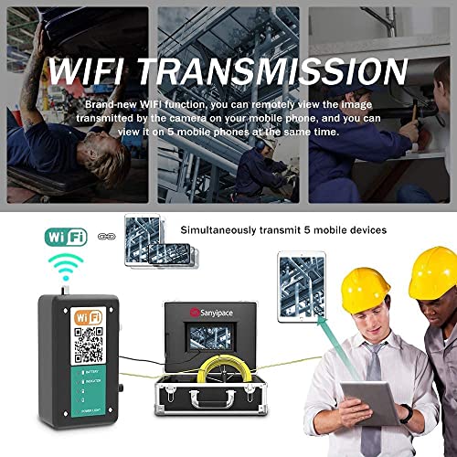 Sanyipace Sewer Camera 165FT/50M with WiFi Wireless Transmission, Drain Camera with Lights, Pipe Sewer Scope Inspection Camera with IP68 Waterproof Camera Probe, 7" Color Screen, Camera Guide Wheel