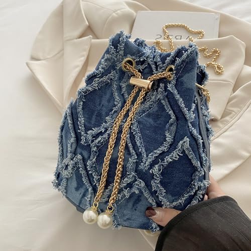 Image of Denim Bucket Bag, Denim Purses for Women, Drawstring Jean Crossbody Shoulder Purse Hobo Bag, for Commuting, Shopping, Dating