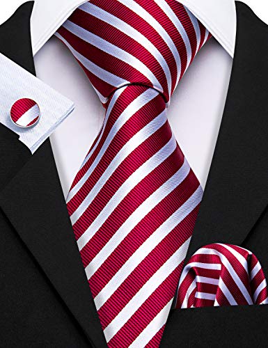 Image of Barry.Wang Man Stripe Ties Set Silk Woven Pocket Square Necktie Cufflinks Formal Party Business