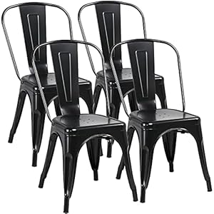 Yaheetech Iron Metal Dining Chairs Stackable Side Chairs Bar Chairs with Back Indoor/Outdoor Classic/Chic/Industrial/Vintage Bistro Cafe Trattoria Kitchen Restaurant Matte Black, Set of 4