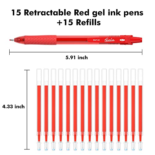 Feela 30 Pack Retractable Red Ink Gel Pens Set Medium Point 15 Piece Fine Point Gel Pen With 15 Refills For Smooth Writing #TOP1