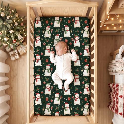 Image of JISEN Christmas Fitted Crib Sheets for Boys Girls 52x28 Inch Snowman Green