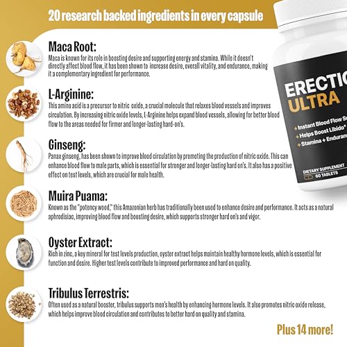 erect ultra  performance pills for men fast acting blood flow amp enhanced circulation stamina girth and hardness  helps achieve amp sustain hard on39s  20 research backed ingredients - 60 tablets