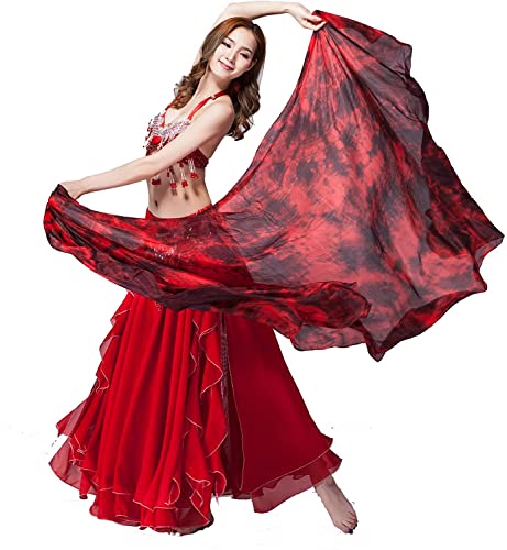 Aumulen Women Colorful Professional Belly Dance Silk Veils Hand Made Tie Dyed Scarf (Black red tie dyed)