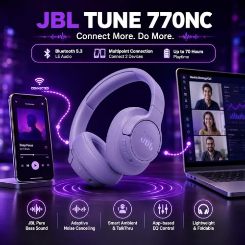 JBL TUNE 770NC - Adaptive Noise Cancelling with Smart Ambient Wireless Over-Ear Headphones, Bluetooth 5.3, Up to 70H battery life with speed charge, Lightweight, comfortable & foldable design (Purple) - image 3