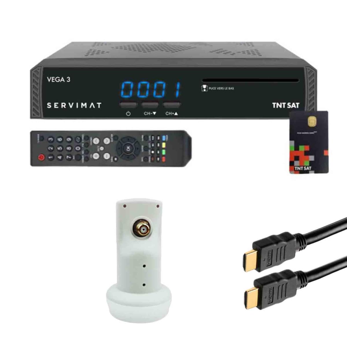 Pack SERVIMAT Récepteur Satellite Full HD + Carte TNTSAT V6 + Câble HDMI + LNB Single HDSAT