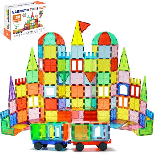 EchoPlan Magnetic Tiles, 130PCS Magnetic Blocks with 2 Cars, Magnet