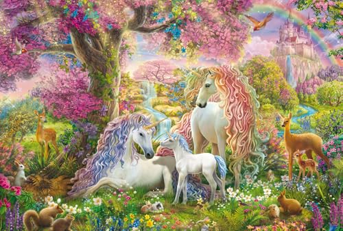 Schmidt Spiele 56387 Puzzle pour Enfant Motif Famille de Licorne dans la forêt Fleurie 150 pièces, Multicolore