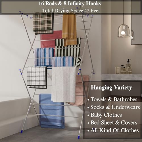 Image of Foldable Clothes Drying Stand | 3 Layer 16 Rod Stainless Steel Laundry Rack with 8 Hooks | Heavy Duty Indoor & Outdoor Cloth Dryer for Balcony, Home & Laundry Room - Blue