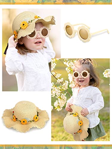 Cindeer 2 Pcs Girls Straw Summer Hat with Round Flower Sunglasses Set for Kids Large Brim Cute Sunflower Beach Sun Hat(Beige)3