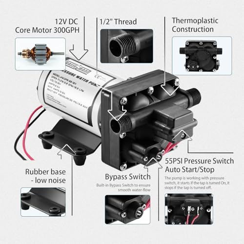 Image of WASSERMANN RV Water Pump 12 Volt DC 5.0GPM 55PSI Replacement For 4008-101-A65 Water Pump Self Priming Diaphragm Pump with Pressure Switch for RV Kitchen Bathroom Marine Yacht Garden Camper Water Pumps