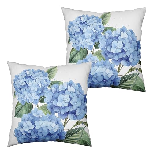 Kwlegh Blue Hydrangea Pillow Covers 18x18 Set of 2 Spring Summer Decorative Pillow Covers Flower Throw Pillow Case Square Cotton Linen Cushion Case for Outdoor Living Room Couch Sofa